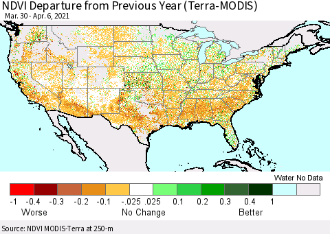 United States NDVI Departure from Previous Year (Terra-MODIS) Thematic Map For 3/30/2021 - 4/6/2021
