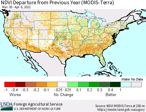 United States NDVI Departure from Previous Year (MODIS-Terra) Thematic Map For 4/1/2021 - 4/10/2021