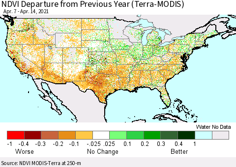United States NDVI Departure from Previous Year (Terra-MODIS) Thematic Map For 4/7/2021 - 4/14/2021