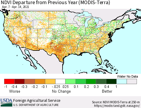 United States NDVI Departure from Previous Year (Terra-MODIS) Thematic Map For 4/11/2021 - 4/20/2021