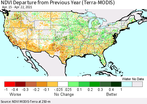 United States NDVI Departure from Previous Year (Terra-MODIS) Thematic Map For 4/15/2021 - 4/22/2021