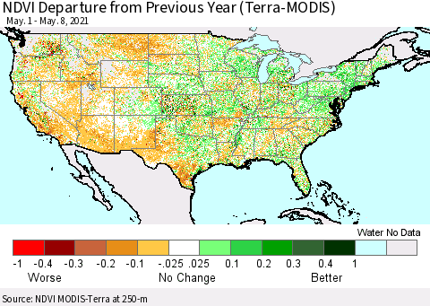 United States NDVI Departure from Previous Year (Terra-MODIS) Thematic Map For 5/1/2021 - 5/8/2021