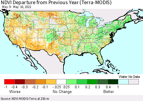United States NDVI Departure from Previous Year (Terra-MODIS) Thematic Map For 5/9/2021 - 5/16/2021