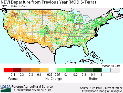 United States NDVI Departure from Previous Year (MODIS-Terra) Thematic Map For 5/11/2021 - 5/20/2021