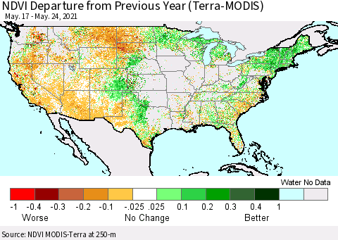 United States NDVI Departure from Previous Year (Terra-MODIS) Thematic Map For 5/17/2021 - 5/24/2021