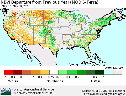 United States NDVI Departure from Previous Year (Terra-MODIS) Thematic Map For 5/21/2021 - 5/31/2021