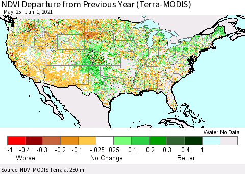 United States NDVI Departure from Previous Year (Terra-MODIS) Thematic Map For 5/25/2021 - 6/1/2021