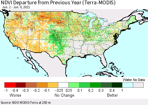 United States NDVI Departure from Previous Year (Terra-MODIS) Thematic Map For 6/2/2021 - 6/9/2021