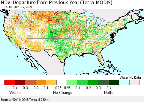 United States NDVI Departure from Previous Year (Terra-MODIS) Thematic Map For 6/10/2021 - 6/17/2021