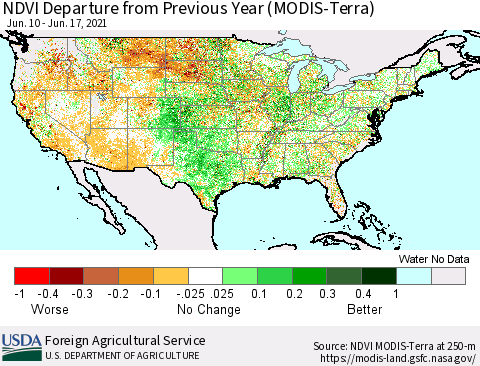 United States NDVI Departure from Previous Year (MODIS-Terra) Thematic Map For 6/11/2021 - 6/20/2021