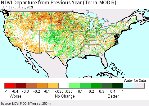 United States NDVI Departure from Previous Year (Terra-MODIS) Thematic Map For 6/18/2021 - 6/25/2021