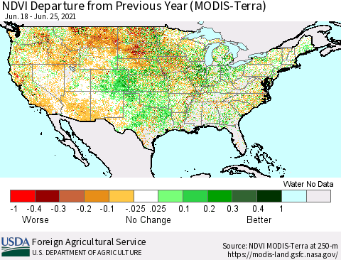 United States NDVI Departure from Previous Year (MODIS-Terra) Thematic Map For 6/21/2021 - 6/30/2021