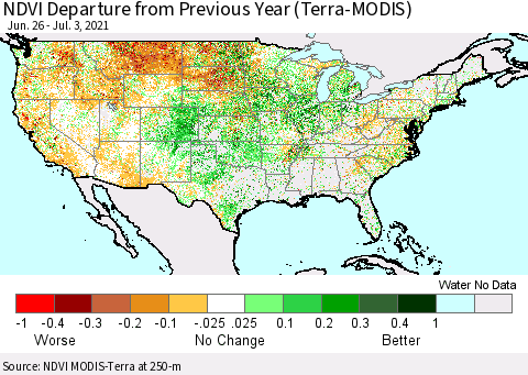 United States NDVI Departure from Previous Year (Terra-MODIS) Thematic Map For 6/26/2021 - 7/3/2021