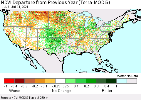 United States NDVI Departure from Previous Year (Terra-MODIS) Thematic Map For 7/4/2021 - 7/11/2021