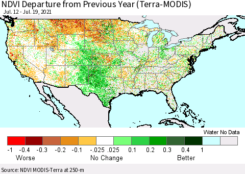 United States NDVI Departure from Previous Year (Terra-MODIS) Thematic Map For 7/12/2021 - 7/19/2021