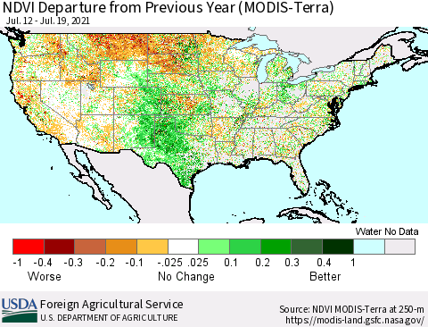 United States NDVI Departure from Previous Year (Terra-MODIS) Thematic Map For 7/11/2021 - 7/20/2021