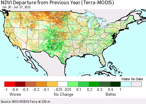 United States NDVI Departure from Previous Year (Terra-MODIS) Thematic Map For 7/20/2021 - 7/27/2021