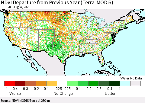 United States NDVI Departure from Previous Year (Terra-MODIS) Thematic Map For 7/28/2021 - 8/4/2021