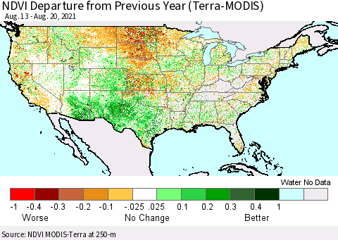 United States NDVI Departure from Previous Year (Terra-MODIS) Thematic Map For 8/13/2021 - 8/20/2021