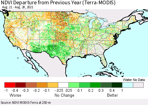 United States NDVI Departure from Previous Year (Terra-MODIS) Thematic Map For 8/21/2021 - 8/28/2021
