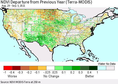 United States NDVI Departure from Previous Year (Terra-MODIS) Thematic Map For 8/29/2021 - 9/5/2021