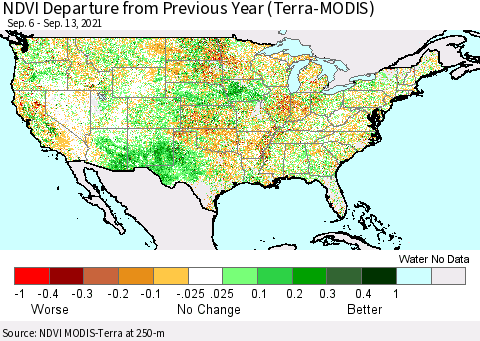 United States NDVI Departure from Previous Year (Terra-MODIS) Thematic Map For 9/6/2021 - 9/13/2021