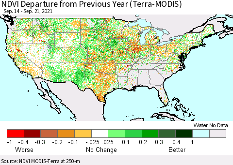 United States NDVI Departure from Previous Year (Terra-MODIS) Thematic Map For 9/14/2021 - 9/21/2021