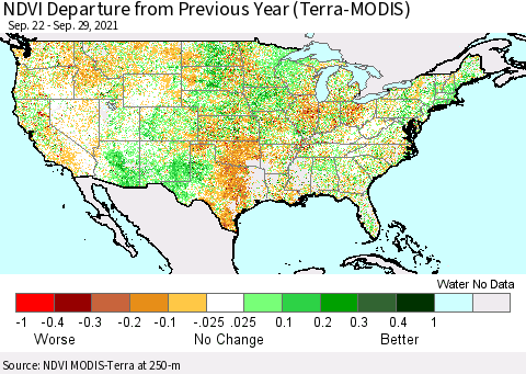 United States NDVI Departure from Previous Year (Terra-MODIS) Thematic Map For 9/22/2021 - 9/29/2021