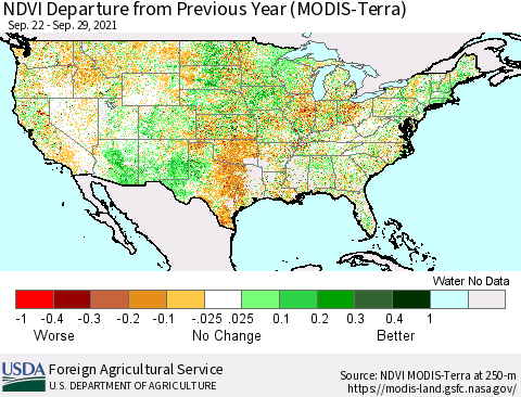 United States NDVI Departure from Previous Year (Terra-MODIS) Thematic Map For 9/21/2021 - 9/30/2021