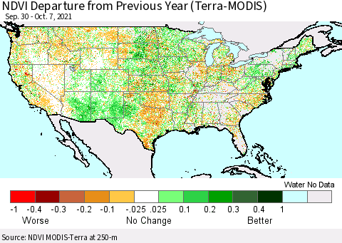 United States NDVI Departure from Previous Year (Terra-MODIS) Thematic Map For 9/30/2021 - 10/7/2021