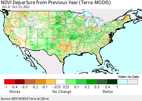 United States NDVI Departure from Previous Year (Terra-MODIS) Thematic Map For 10/8/2021 - 10/15/2021