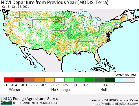 United States NDVI Departure from Previous Year (Terra-MODIS) Thematic Map For 10/11/2021 - 10/20/2021