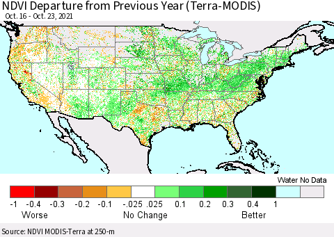 United States NDVI Departure from Previous Year (Terra-MODIS) Thematic Map For 10/16/2021 - 10/23/2021
