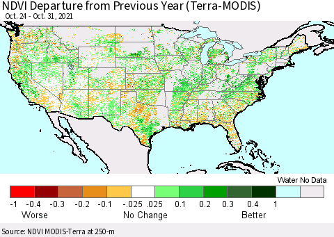 United States NDVI Departure from Previous Year (Terra-MODIS) Thematic Map For 10/21/2021 - 10/31/2021