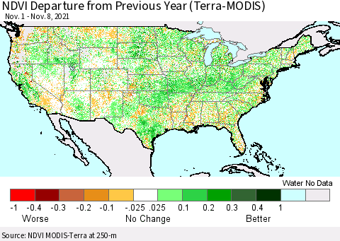 United States NDVI Departure from Previous Year (Terra-MODIS) Thematic Map For 11/1/2021 - 11/8/2021