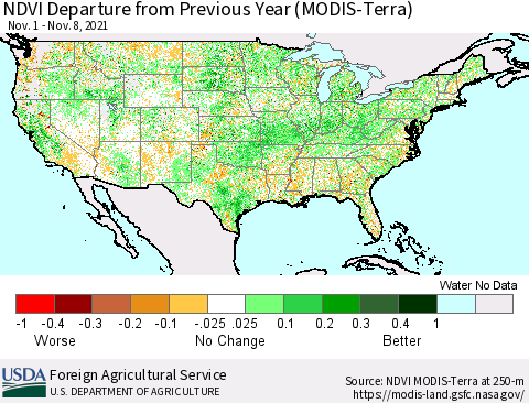United States NDVI Departure from Previous Year (Terra-MODIS) Thematic Map For 11/1/2021 - 11/10/2021