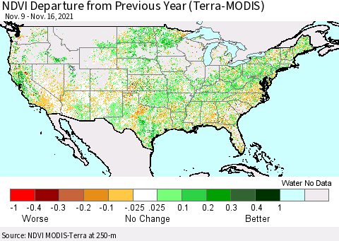 United States NDVI Departure from Previous Year (Terra-MODIS) Thematic Map For 11/9/2021 - 11/16/2021