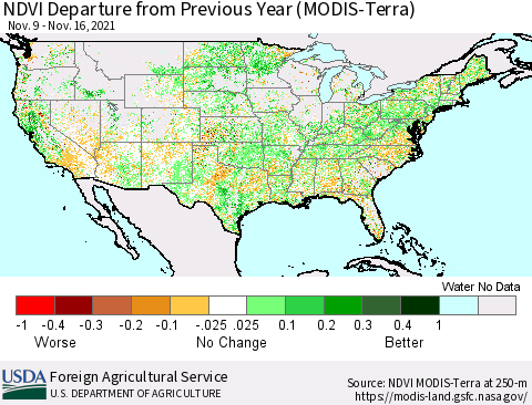 United States NDVI Departure from Previous Year (Terra-MODIS) Thematic Map For 11/11/2021 - 11/20/2021