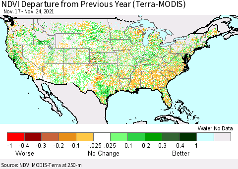 United States NDVI Departure from Previous Year (Terra-MODIS) Thematic Map For 11/17/2021 - 11/24/2021