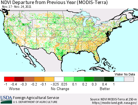 United States NDVI Departure from Previous Year (Terra-MODIS) Thematic Map For 11/21/2021 - 11/30/2021
