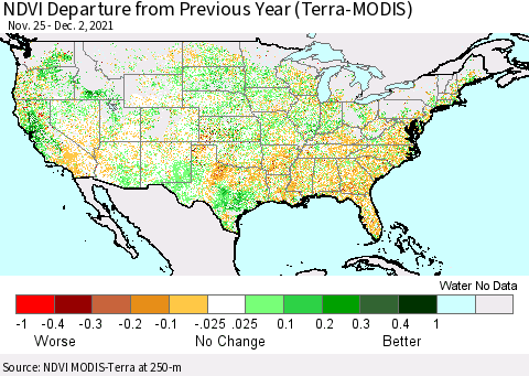 United States NDVI Departure from Previous Year (Terra-MODIS) Thematic Map For 11/25/2021 - 12/2/2021