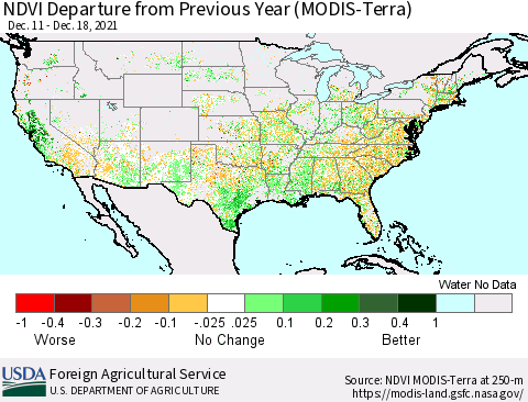 United States NDVI Departure from Previous Year (Terra-MODIS) Thematic Map For 12/11/2021 - 12/20/2021