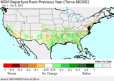 United States NDVI Departure from Previous Year (Terra-MODIS) Thematic Map For 1/1/2022 - 1/8/2022