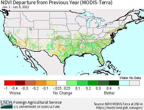 United States NDVI Departure from Previous Year (Terra-MODIS) Thematic Map For 1/1/2022 - 1/10/2022