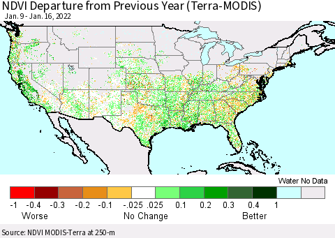 United States NDVI Departure from Previous Year (Terra-MODIS) Thematic Map For 1/9/2022 - 1/16/2022