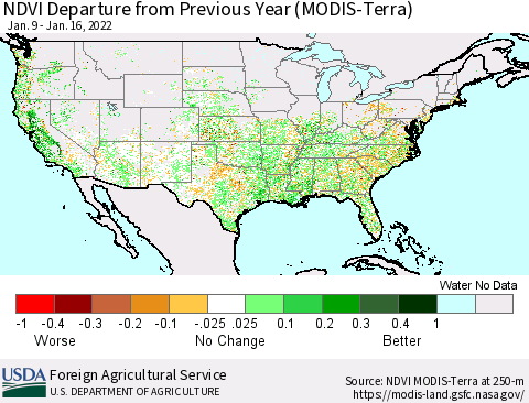 United States NDVI Departure from Previous Year (Terra-MODIS) Thematic Map For 1/11/2022 - 1/20/2022