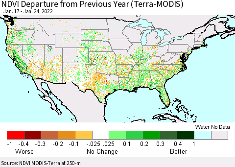 United States NDVI Departure from Previous Year (Terra-MODIS) Thematic Map For 1/17/2022 - 1/24/2022