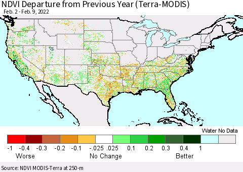 United States NDVI Departure from Previous Year (Terra-MODIS) Thematic Map For 2/2/2022 - 2/9/2022