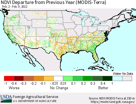 United States NDVI Departure from Previous Year (Terra-MODIS) Thematic Map For 2/1/2022 - 2/10/2022