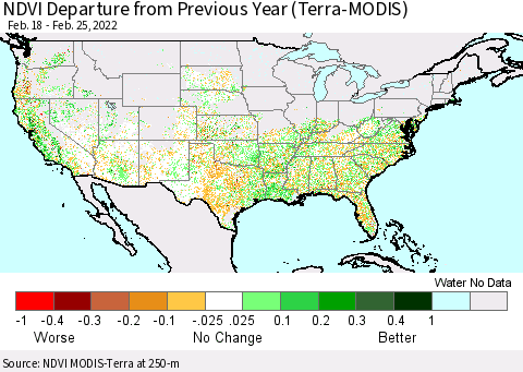 United States NDVI Departure from Previous Year (Terra-MODIS) Thematic Map For 2/18/2022 - 2/25/2022